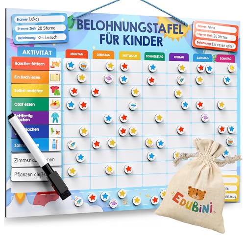 Belohnungstafel für Kinder - [100 Aufgaben + 350 Magnete] - Belohnungssystem für Verantwortung - Family Plan, Montessori Magnettafel, Wochenplaner, Adhs Hilfsmittel - inkl. Tasche, Stift (Weltraum)