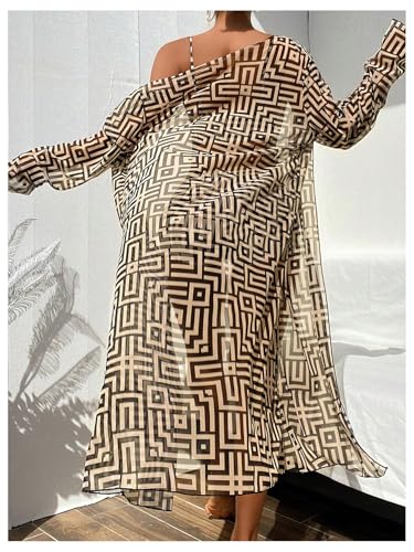 WDIRARA Women's 3 Pieces Bikini Set Geo Print Bathing Suit Drawstring Swimsuit with Cover Ups Kimono2