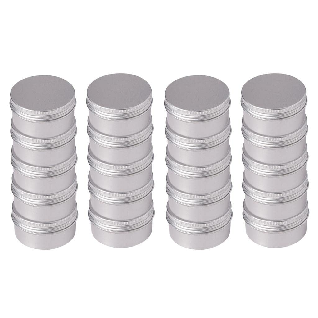 barenx 80ml-Ounce Screw Top Flat Aluminum Silver Slide Round Tin Containers For Lip Balm,Crafts,Cosmetic,Candles,Travel Storage Kit, Pack of 20