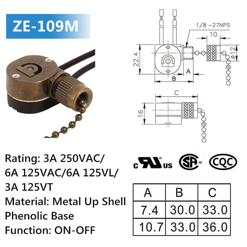Hunter Ceiling Fan Light Switch ZE-109M - Pull Chain On/Off Switch