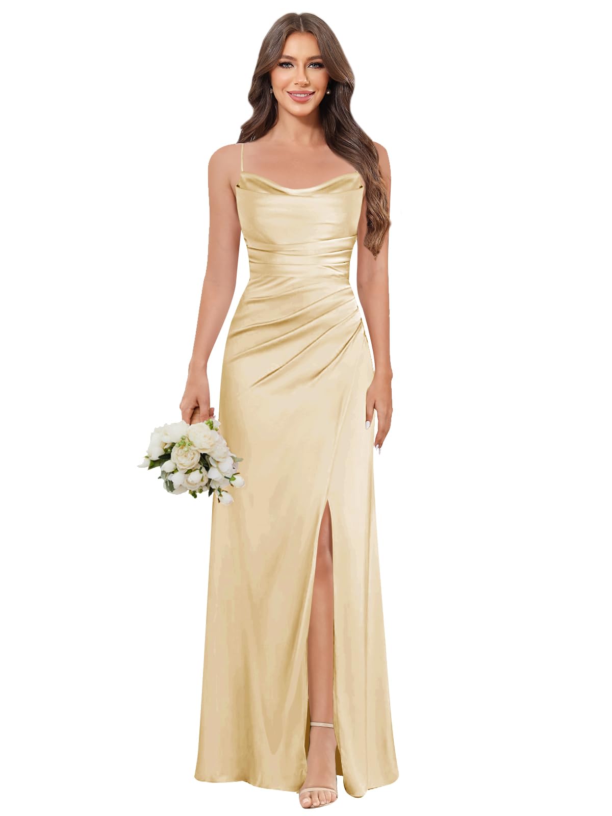 Women's Long Satin Bridesmaid Dresses with Slit Cowl Neck Ruched Mermaid Prom Dress Formal Gown
