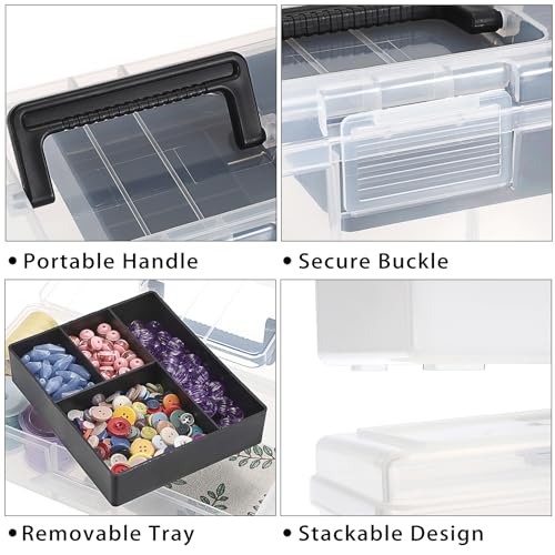 Image of BTSKY Clear Plastic Storage Box with Removable Tray Multipurpose Stationery Storage Box with Handle Handy Sewing Box Art Craft Supply Organizer Home Utility Box (Light Black)