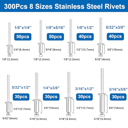 smseace 300pcs 8-Values 304 Stainless Steel Pop Rivets Assortment Kit 1/8",5/32",3/16" Pop Rivets Assorted Stainless Steel Blind Rivets Used to Connect Objects