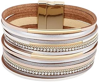 Emibele Layered Leather Bracelet, Bohemian Style Rivet Leopard Print Bohemian Style Multilayer Wrap Bracelet, Handmade Agate Chakra Crystal Glass Beaded Shell Bracelet for Women Ladies