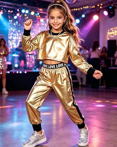 Image of Betusline Girls 2 Piece Outfits Girls Cropped Sweatsuit Pants Outfit Clothes Set, 4T-14 Years