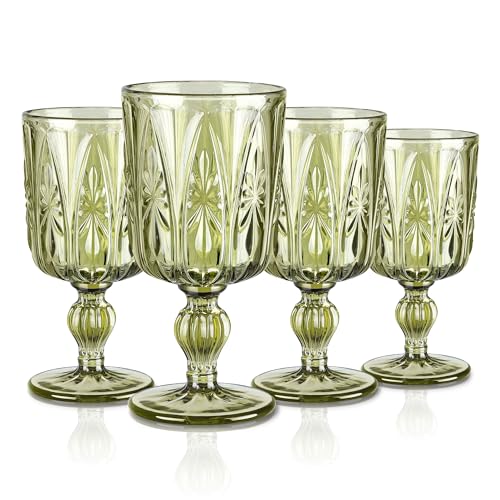 Joeyan Copas de Vino Tinto de Verde,300ml Vintage Copas con Geométrico Relieve,Vasos agua Vidrio Retro,Vajillas de Colores,Cristaleria para Fiestas,Bodas,Cenas Diarias,Apto para lavavajillas,Set de 4