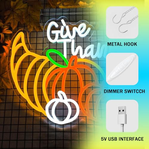 Image of Thanksgiving Neon Sign Pumpkin Neon Sign for Thanksgiving Decoration Give Thanks Sign Dimmable Thanksgiving Neon Light USB Powered for Autumn Harvest Party Wall Decor Gift