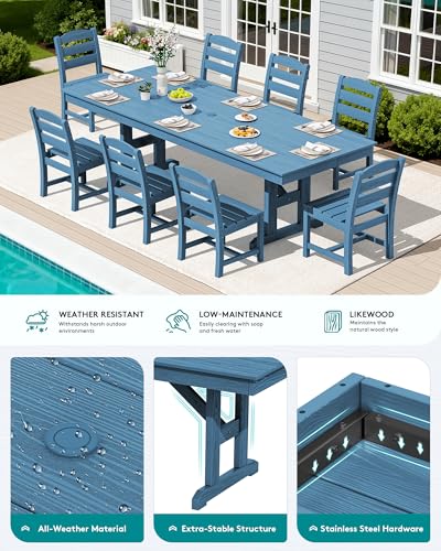 Image of SERWALL 9 Piece 84 inch HDPE Outdoor Dining Set for 8 with Armless Chairs and Umbrelle Hole, Blue