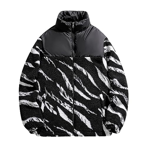 Men's Zebra Winter Coat Male Print Warm Faux-Fur Coat Man Casual Zipper Zebra Striped Jacket