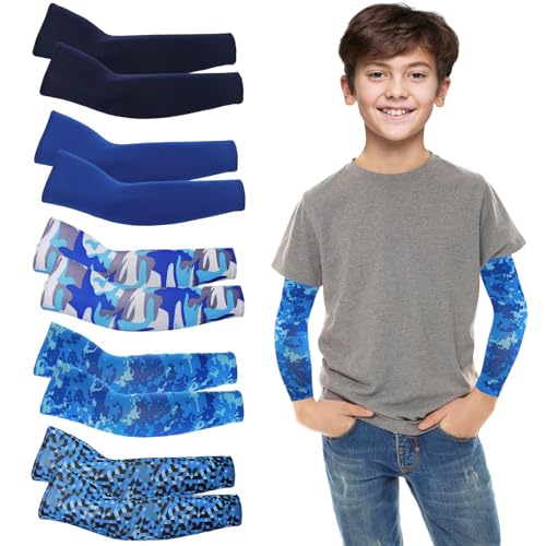 YEAMLTE Mangas de Brazo para Niños, 5 PCS Mangas para Brazos Protección Sol, Manga Protectora UV, Manguitos Voleibol, para Niños y Adolescentes Manguitos Ciclismo (azul, 3-7 años)