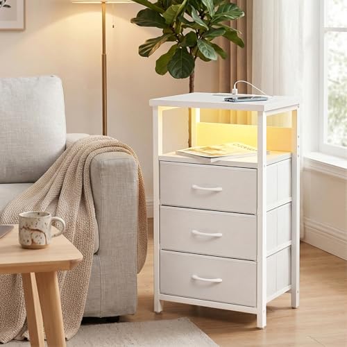 Image of Fixwal White Nightstand with Charging Station, LED Night Stand with 3 Fabric Drawers and Open Shelf, Bedside End Table in Bedroom