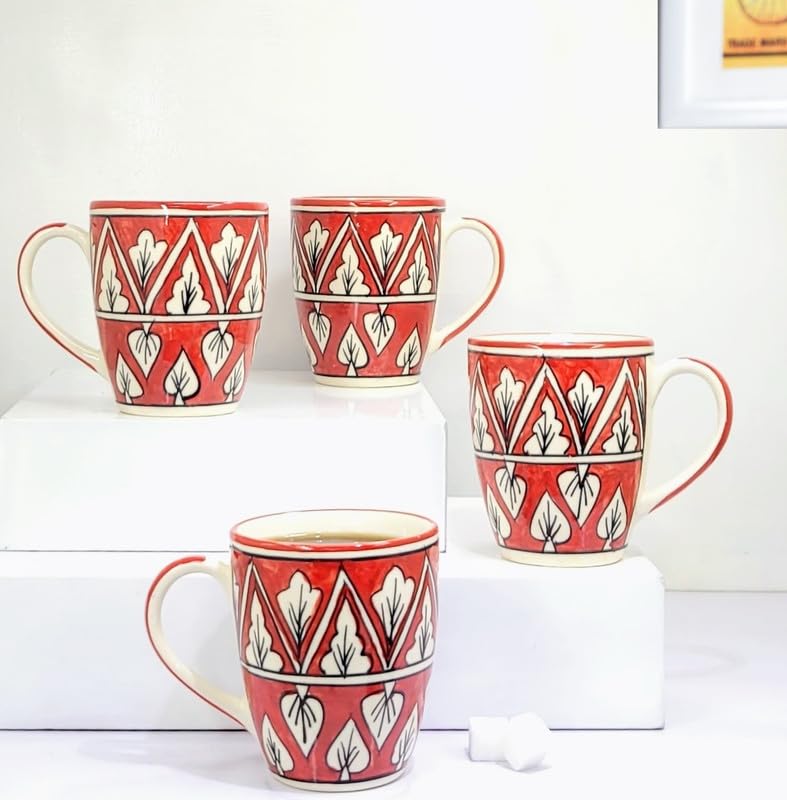 KITTENS ‘Terracotta Bloom’ Ceramic Coffee Mug Set of 4-375ml | Hand-Painted Red Leaf Pattern | Microwave & Dishwasher Safe | Food Grade | Tea & Coffee Cups for Gifting, Daily Use, Office.