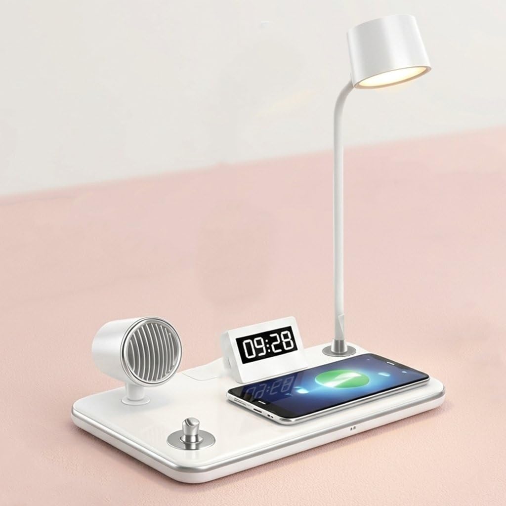 4 in 1 Desk Lamps for Home Office, Wireless Charger Small Desk Lamp with Bluetooth Speaker(White)