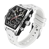 FANMIS Watch for Men Fashion Hollow Unique Rectangle Dial Wristwatch Waterproof Sport Digital Analog Dual Time Display Stopwatch Punk Cool Design Silicon Strap Dress Watch (White)