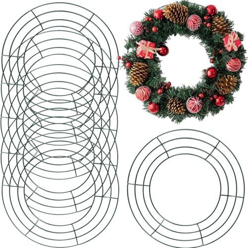 TIHOOD 6PCS 10” Wire Wreath Frame Round Metal Wreath Form for Crafts & Floral Decorations on Weddings Christmas Home Party Celebrations, Dark Green