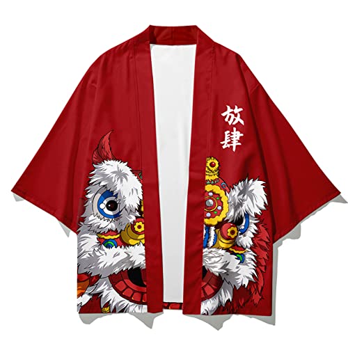 Image of DOSLAVIDA Men's Japanese Kimono Jacket Set Stylish Open Front Coat With Shorts Chinese Style Printed Cardigan Suit