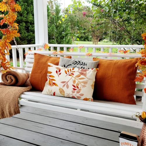 Image of Fall Pillow Covers 12x20 inch Orange White Fallen Leaves Decorative Outdoor Lumbar Throw Pillow Covers Autumn Thanksgiving Farmhouse Decoration for Home Couch(42-12)
