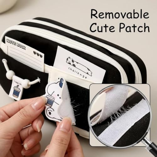 Image of Canvas School Bag Pencil Case, 3 Layer 6 Compartment Large Capacity, Aesthetic Pencil Pouch for Stationary, Cute Stationery for Kids, Pencil Case for Girls & Boys (Black)