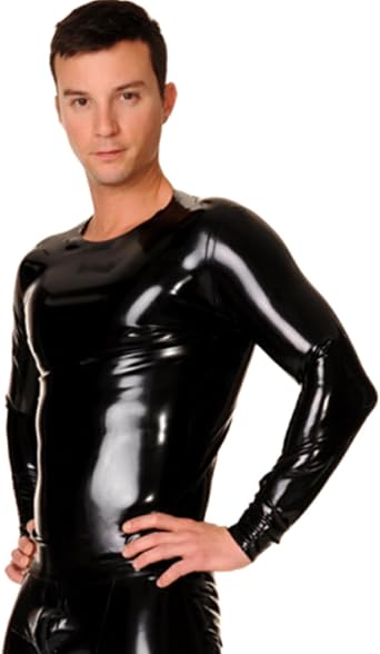 Mens Long Sleeve Latex T-Shirt,Black Round Neck Long Sleeve Latex Tops,Suitable for Rubber Club Cosplay Costumes