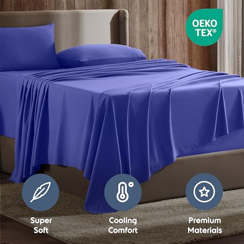 Image of Nestl Split King Bed Sheet Set - Royal Blue - 5-Piece Deep Pocket | Instantly Soft, Night-One Ready (No Wash Required). Fits 16-Inch Deep Pockets, 360-Degree Elastic Grip