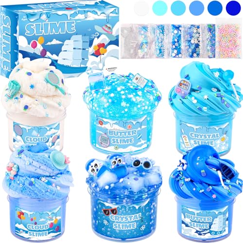 6 Pack Slimes Kit Blue Slime Kids Cloud Butter & Clear Slime Party Favors Toys for Girls Boys Ages 8-12 Goodie Bag Stuffers Birthday Gift Ideas Cute Stuff