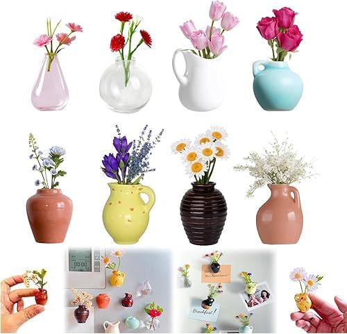 Mini Vase Magnets for Fridge (8 Pcs) | Cute 3D Ceramic Flower Vase Refrigerator Magnets | Strong Magnetic Decorative Vases for Kitchen, Office & Home Decor,Multicolor. (8)-image-5