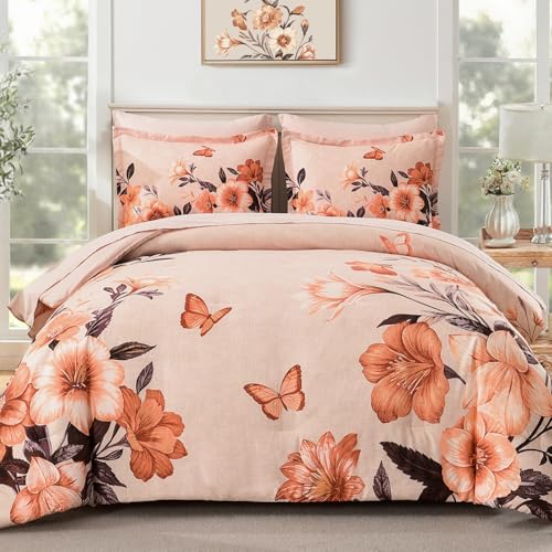 DHSFKBE Floral King Size Comforter Set 7 Piece Orange Bed in a Bag Elegant Flower Pattern Comforter Set with Sheet Soft Microfiber Complete Bedding Sets for All Season