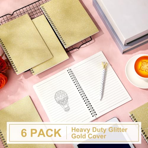 Image of Yahenda 6 Pcs Spiral Notebooks,1 Subject,Wide Ruled, Glitter Gold