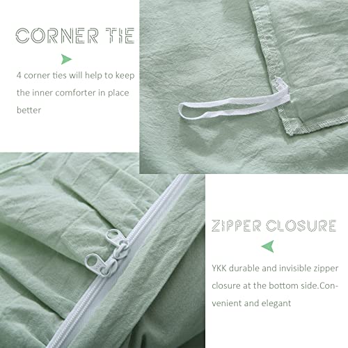 K Masaniji Shabby Sage Green Queen Duvet Cover Set 3 Pieces, Cotton Ruffled Farmhouse Chic Vintage French Country Cottage Rustic Bedding Ultra Soft Breathable (Queen, Shabby Green) #TOP5