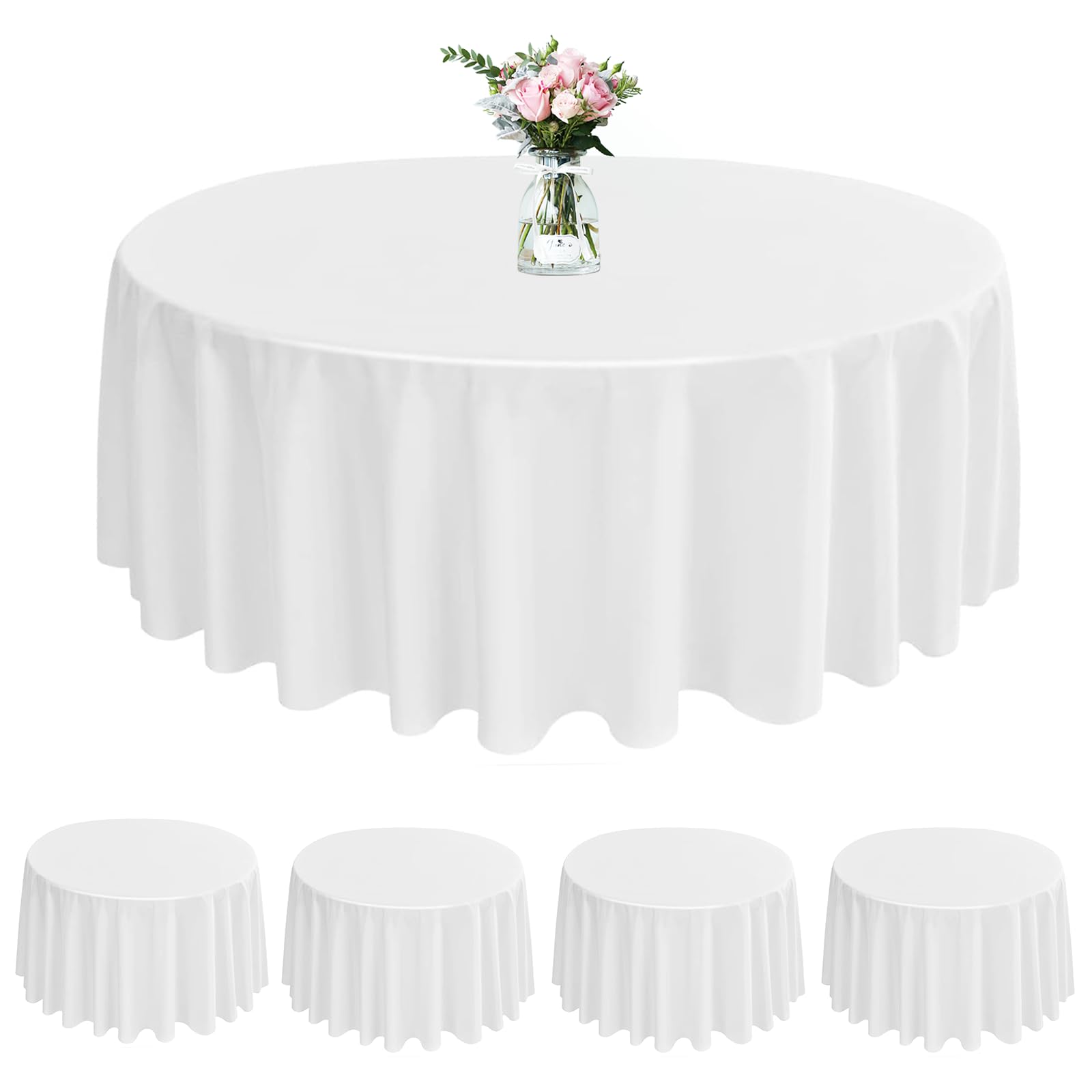 Newthinking 84Inch Disposable Round Table Cloth, 4 Pack Round Plastic Party Tablecloth Table Cover for Circular Table (4, White)