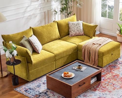 ABCASA 102.6' L Shaped Modular Sectional Couch with Washable Chenille Cover, 4 Seater Deep Seat Sofa with Storage Ottoman & Reversible Chaise for Living Room, Pet-Friendly, Yellow