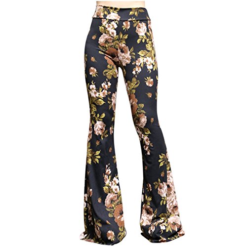 ShopMyTrend SMT Women's High Waist Wide Leg Long Bell Bottom Yoga Pants Large Romantic Rose (Black) Blush