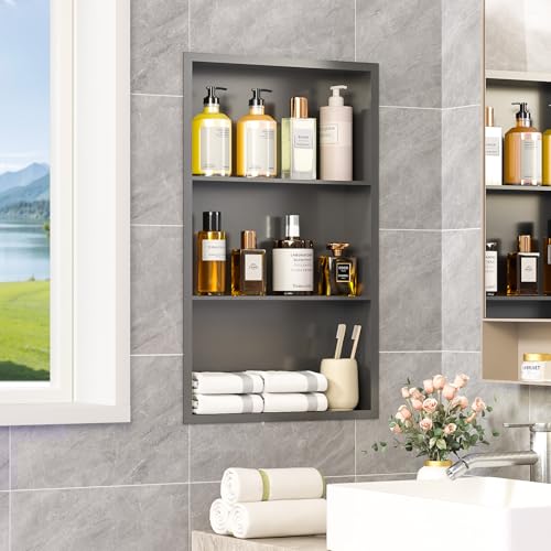 Kynlynly 14x24 Recessed Medicine Cabinet, Bathroom Wall Cabinet, 304 Stainless Steel Recessed Wall Niche with 3-Tiers Shelves, Matte Gray by Kynlynly - Used condition - US$55.99
