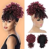 Fayasu Drawstring Ponytail with Bangs Afro Puff Ponytail Extension for Black Women Short Red Curly Drawstring Ponytail with Bangs Clip in Wrap Updo Hairpieces Ponytail Extension (Tbug)