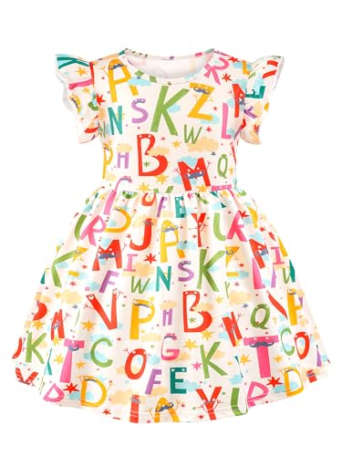 Toddler Girls Back to School Dress Casual Flutter Sleeve Swing Midi Kids Summer Sundress School Outfit 4-8 Years