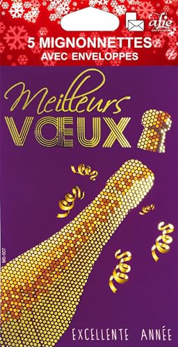 M5-507 Set of 5 Identical Best Wishes Cards in Golden Gold 13.5 x 8.5 cm + 5 White Envelopes 14 x 9 cm Happy New Year Wishes January Champagne Bottle and Cork - Image 2