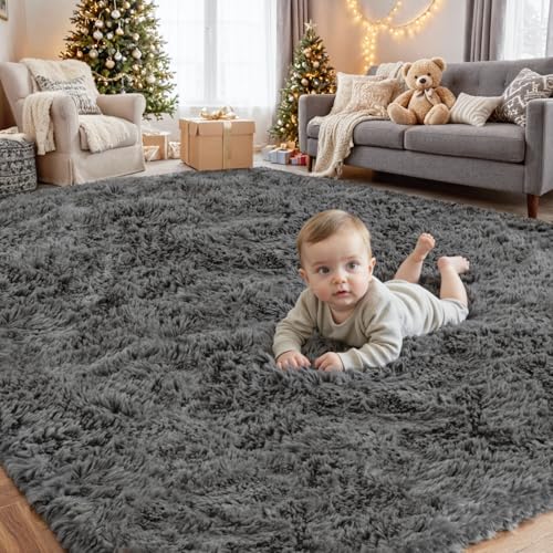 8x10 Area Rugs for Living Room: Ultra Soft Fluffy Shag Gray Rugs for Bedroom, Non-Slip Large Fuzzy Plush Rug Indoor Floor Carpet for Nursery Kids Boys Girls Room, Dorms, Playroom, Modern Home Decor