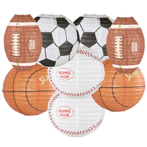 Image of UNIQOOO 8Pcs Sports Paper Lanterns Football Party Decoration Set, Large 12 Inch, Soccer Ball American Football, Baseball Basketball Japanese Hanging Lanterns, Reusable Game Day Kids Birthday Favors