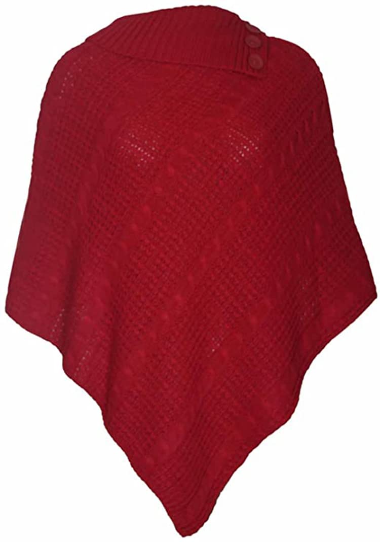 Womens Check Printed Ladies Stretch Knitted Collared Cape Wrap Shawl Jumper Poncho Top (Plain Red)