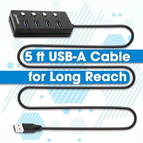 Image of 4 Port USB Extension Cable Hub with (5ft Long Cord) - USB 3.2 Powered USB Splitter On /Off Switches - USB Extender /Multiport Adapter for Desktop Computer, Laptop, PC Accessories