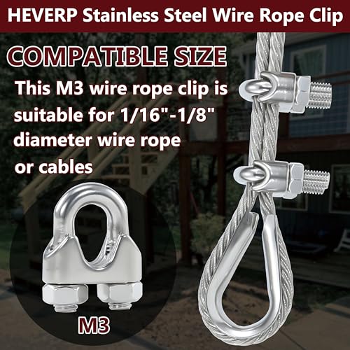 HEVERP 20PCS 1/8 Inches M3 Stainless Steel Wire Rope Cable Clip Clamp