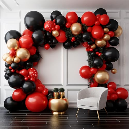 Image of PartyWoo Red Black Gold Balloons, 140 pcs Red Black and Chrome Gold Balloons Different Sizes Pack of 18 Inch 12 Inch 10 Inch 5 Inch for Balloon Garland as Graduation Decorations, Party Decorations