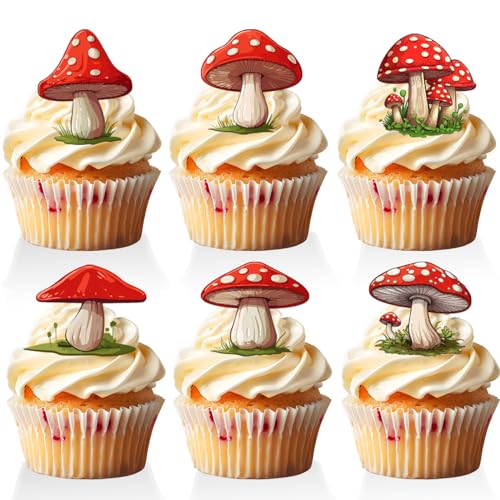 18 PCS Red Mushroom Cupcake Toppers for Boys Girls Baby Shower Frog Fairy Tale Garden Forest Cake Decor Mushroom Birthday Themed Party Decorations Supplies