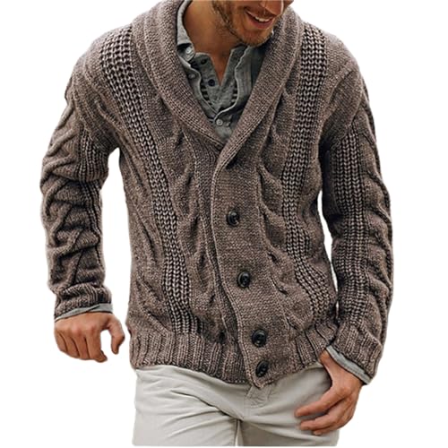 Mens Cable Knit Shawl Collar Cardigan Sweater, Loose Fit Long Sleeve, Button-Up Front, Ideal for Casual Wear