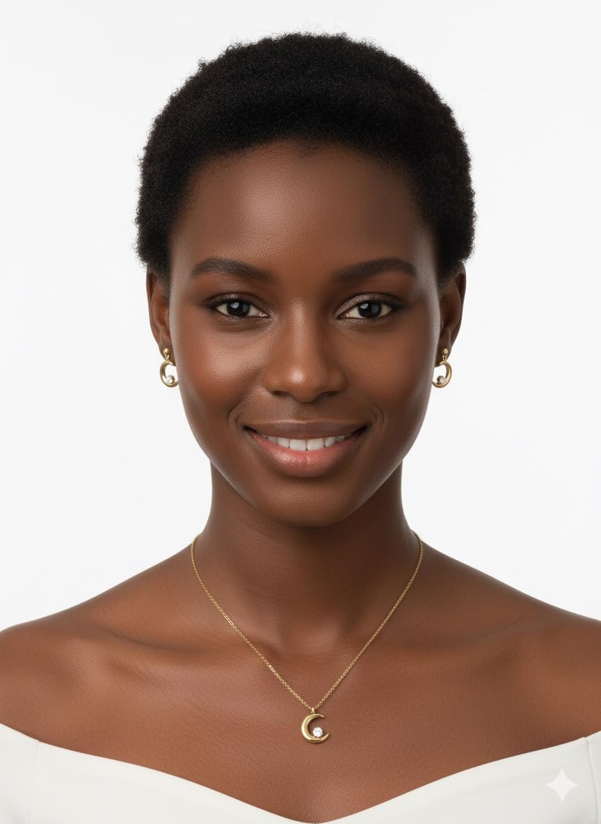 18K Gold Plated Stainless Steel Crescent Moon Necklace and Dangle Stud Earring Set with Cubic Zirconia | Hypoallergenic, Tarnish-Free Jewelry Gift Set for Women - Image 6