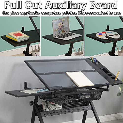 Gynsseh Glass Drafting Table Drawing Desk With Stool, Height Adjustable Art Desk For Adults/Artists, Tiltable Tabletop Professional Art Table Paintings Desk For Home Office School (Black) #TOP2