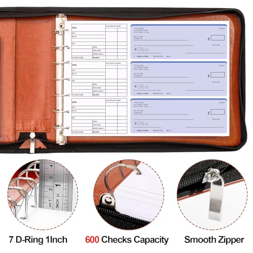 Image of SUNEE Zippered Business Checkbook Binder 7 Ring 1 Inch with Zipper for Business Checks (9 inch x 13 inch), PU Leather Check Binder Holds 600 Checks Capacity for Executive Supplies, Brown