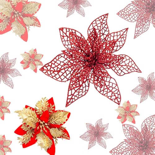 vannyster 20 Pcs 6”& 9” Large Artificial Christmas Flowers with DIY Clips, Poinsettia Christmas Flowers Decoration for Xmas Tree and Wreath Ornaments, Xmas New Year, Party, Holiday Decor(Red Gold)