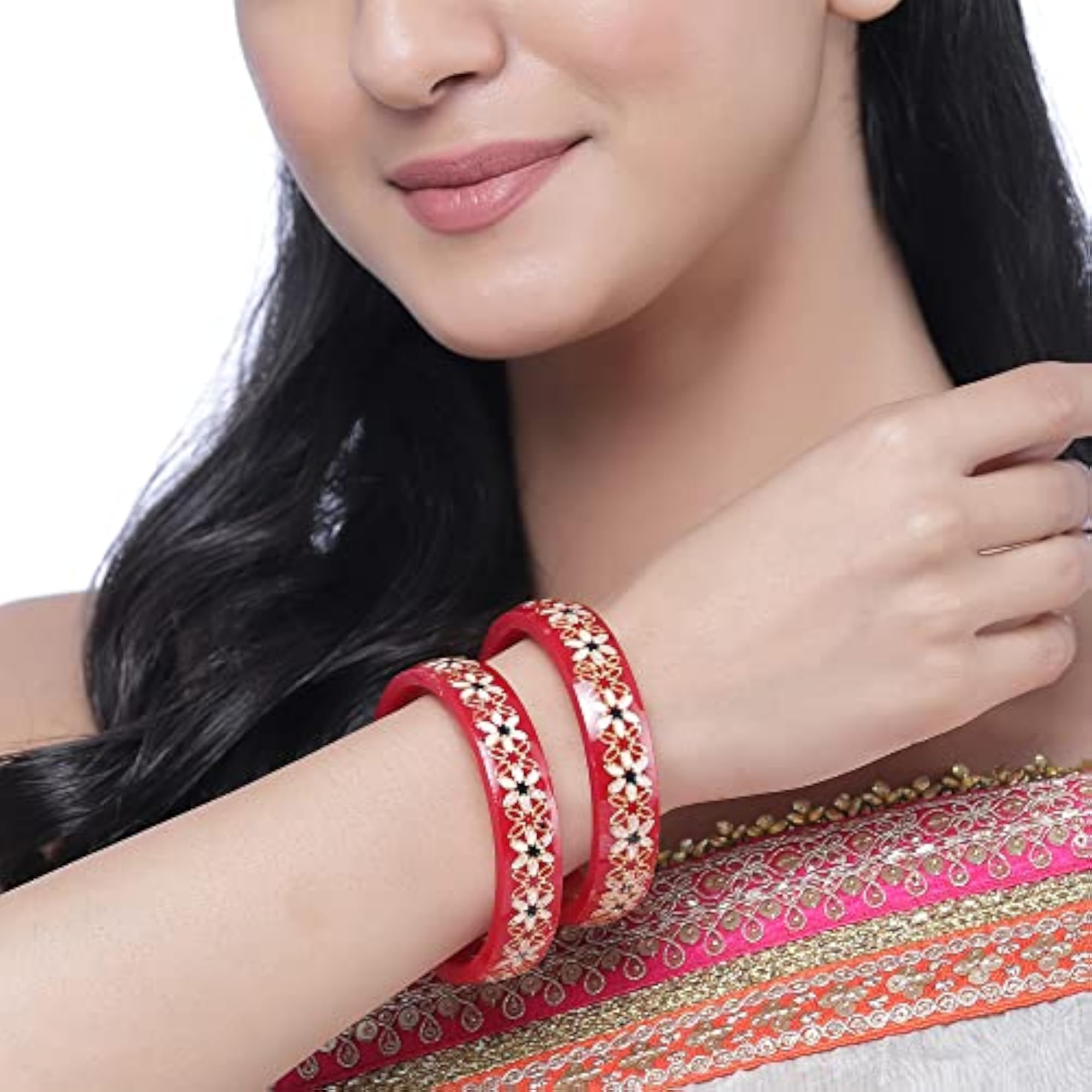 Gold-Plated Green Flower Engraved Bangles Set