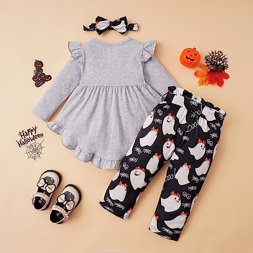 Noubeau Toddler Baby Girl Halloween Outfits Long Sleeve Ruffle Boho Shirt Dress Ghost Pumpkin Pants Sets 3Pcs Fall Outfits3